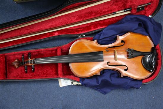 An early 20th century violin, with handwritten label stating made by J.K. Monk, Lewisham,